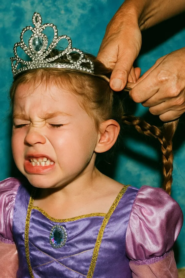 Une petite fille déguisée en princesse grimace pendant qu'on lui fait une tresse